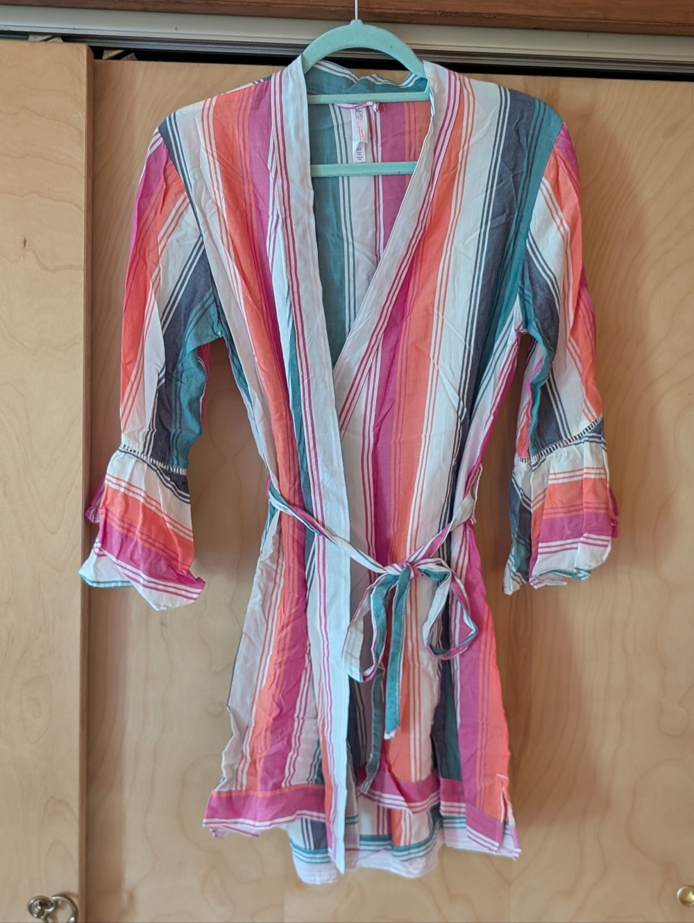 Gilligan & O'Malley Coral, Teal & White Striped Cotton Robe